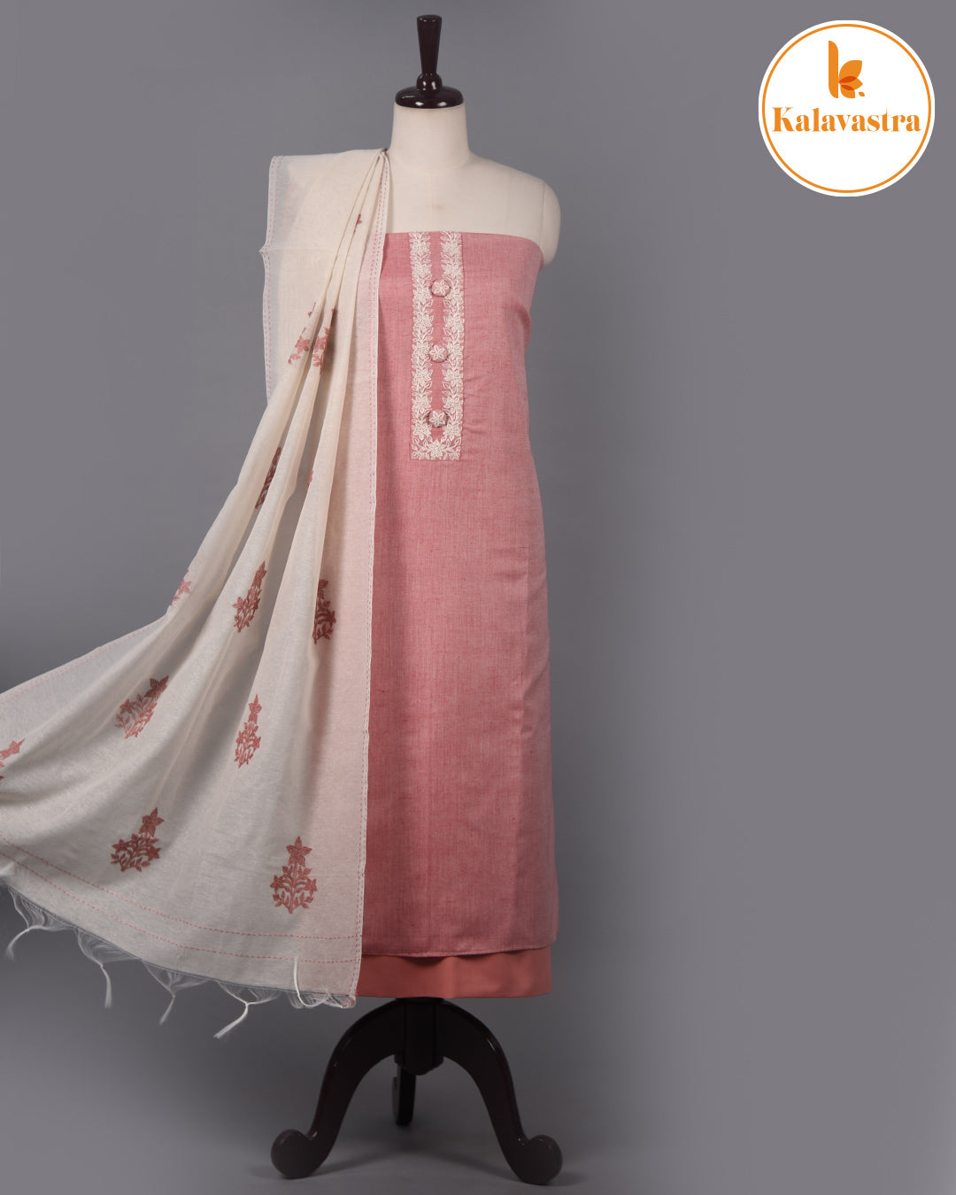 Light Pink - Cotton Slub - Embroidered Unstitched Suit Fabric With Cotton Embroidered Dupatta