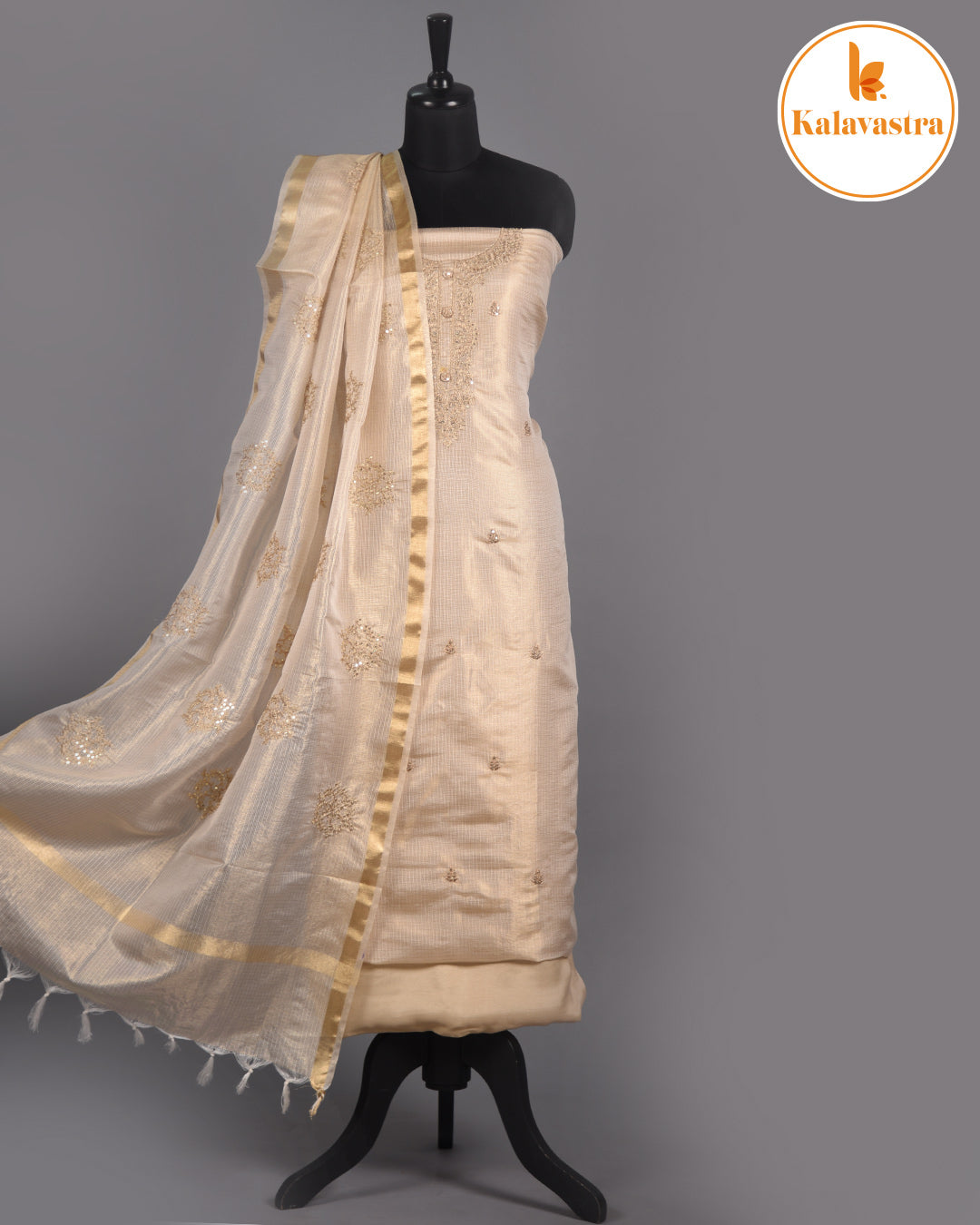 Beige - Kota Tissue Blend - Embroidered - Unstitched Suit Fabric With Kota Tissue Embroidered Dupatta