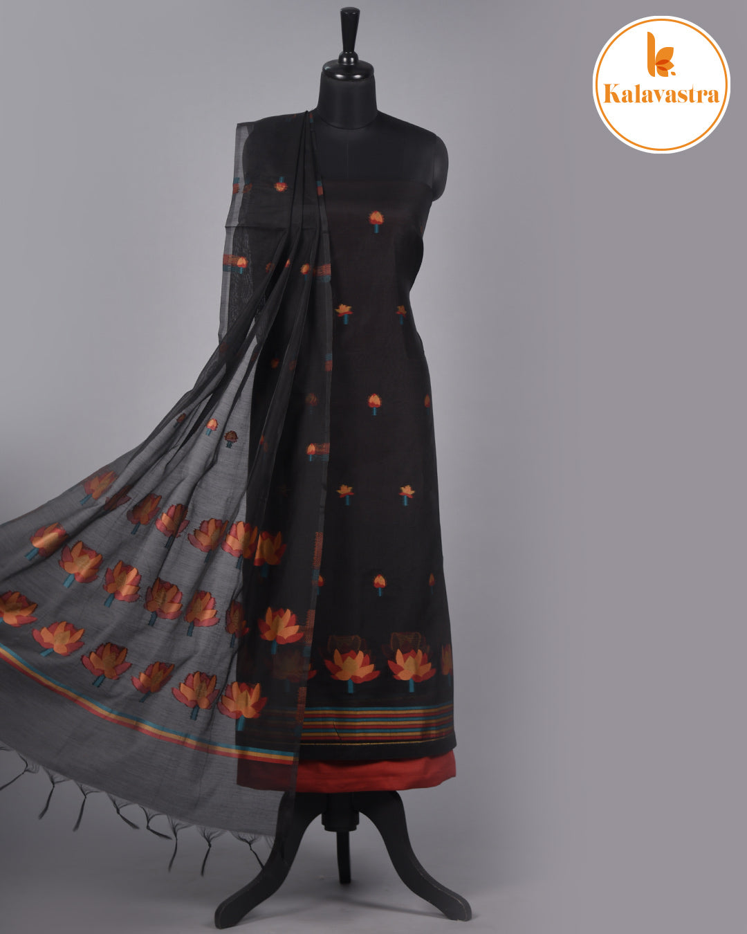 Black With Rust-Chanderi-Jamdani Woven-Unstitched Suit Fabric With Chanderi Jamdani Woven Dupatta