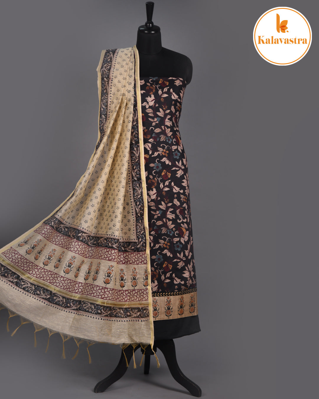 Black - Modal Cotton Blend - Printed - Unstitched Suit Fabric With Cotton Block Printed Dupatta