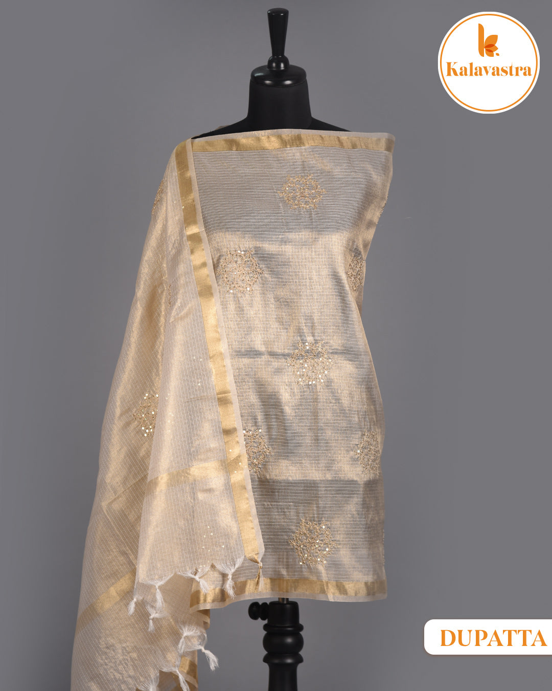 Beige - Kota Tissue Blend - Embroidered - Unstitched Suit Fabric With Kota Tissue Embroidered Dupatta