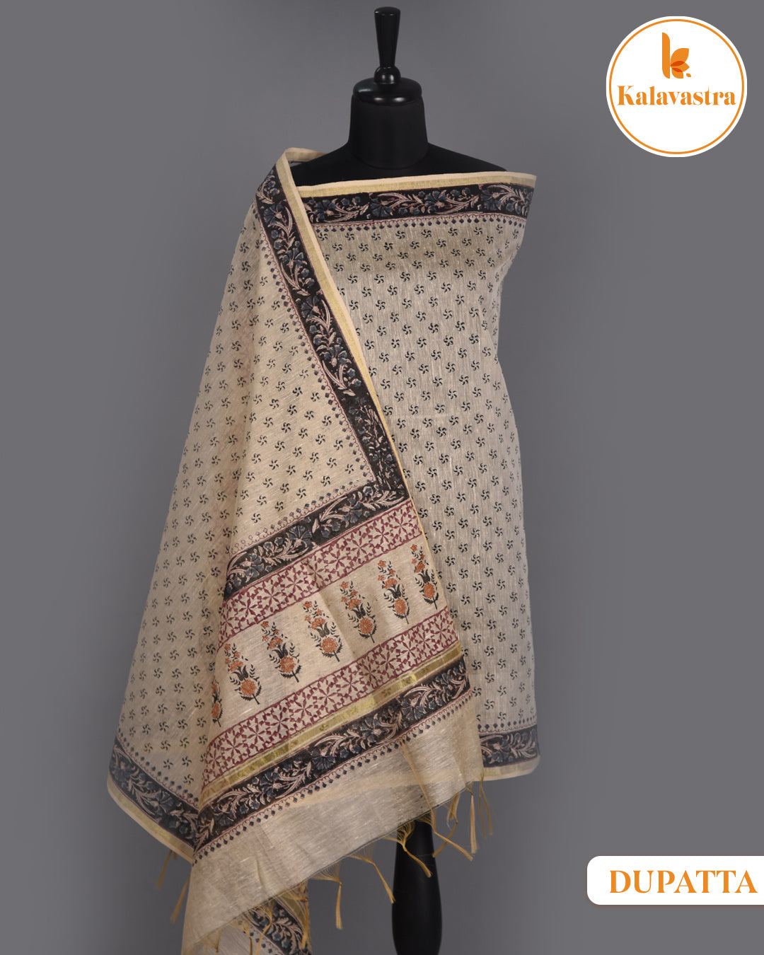 Black - Modal Cotton Blend - Printed - Unstitched Suit Fabric With Cotton Block Printed Dupatta