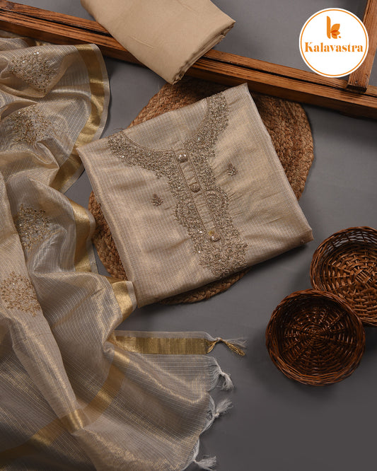 Beige - Kota Tissue Blend - Embroidered - Unstitched Suit Fabric With Kota Tissue Embroidered Dupatta