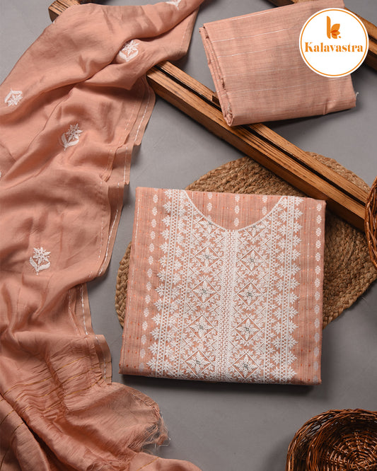 Peach - Cotton Slub - Woven With Embroidery - Unstitched Suit Fabric With Muslin Embroidered Dupatta