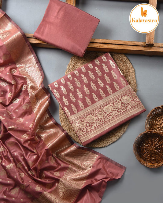 Onion Pink - Chanderi Silk Blend - Banarasi Woven - Unstitched Suit Fabric With Chanderi Banarasi Dupatta