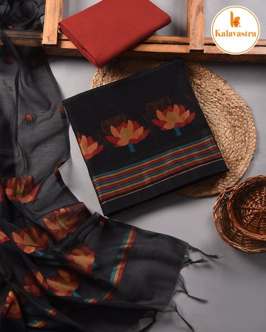 Black With Rust-Chanderi-Jamdani Woven-Unstitched Suit Fabric With Chanderi Jamdani Woven Dupatta