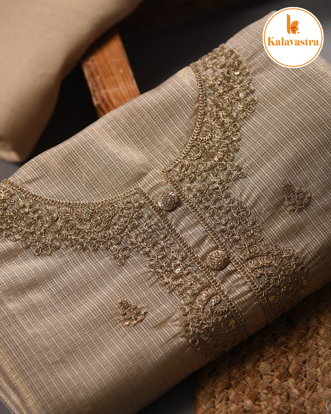 Beige - Kota Tissue Blend - Embroidered - Unstitched Suit Fabric With Kota Tissue Embroidered Dupatta