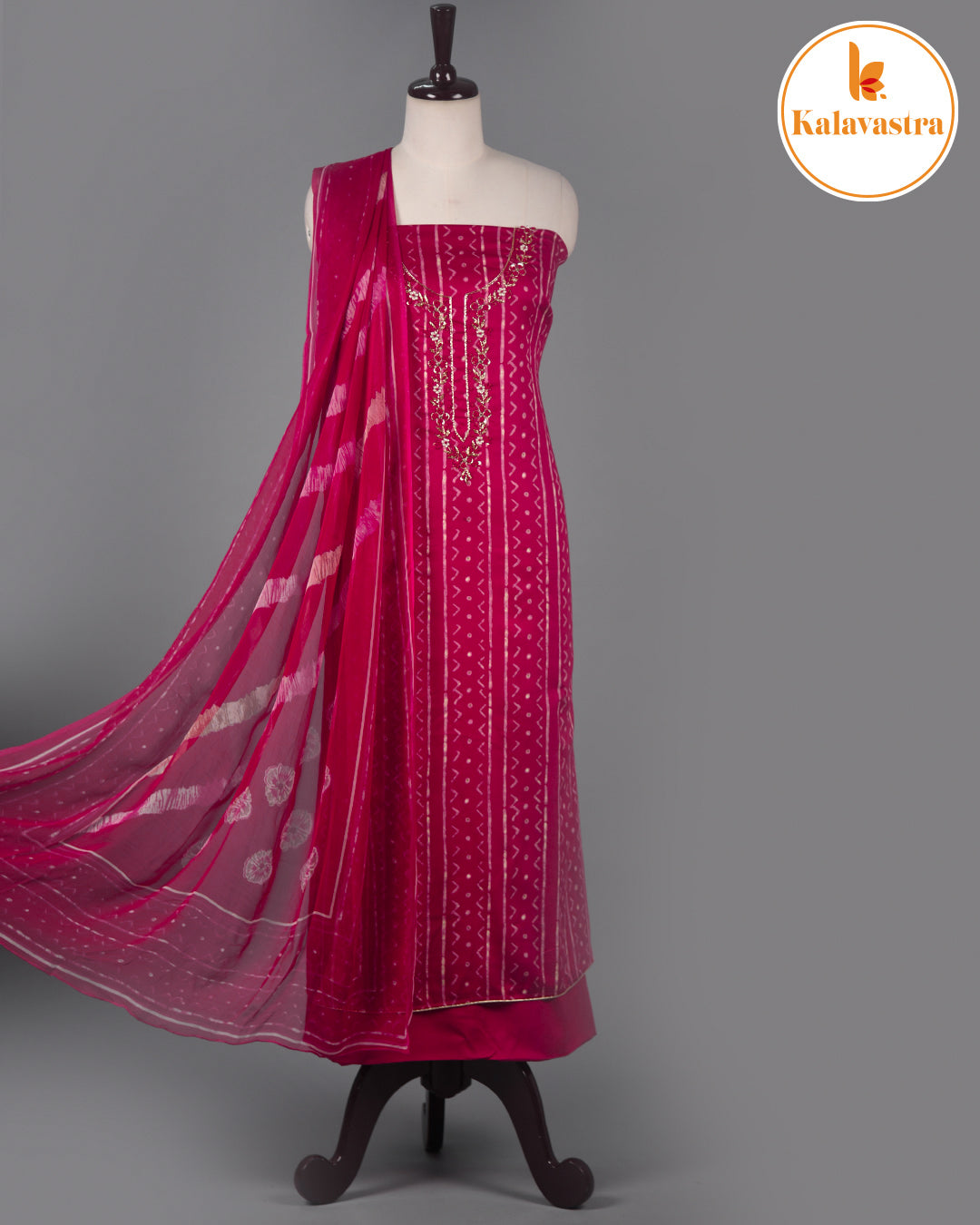 Pink - Cotton Glazed - Printed With Embroidery - Unstitched Suit Fabric With Chiffon Dupatta