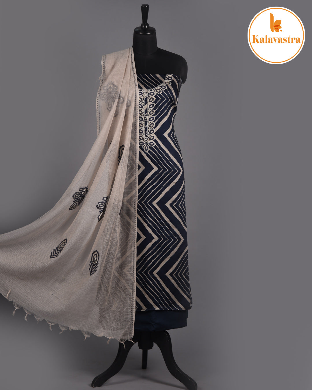 Blue - Cotton Glazed - Printed With Embroidery - Unstitched Suit Fabric With Kota Embroidered Dupatta