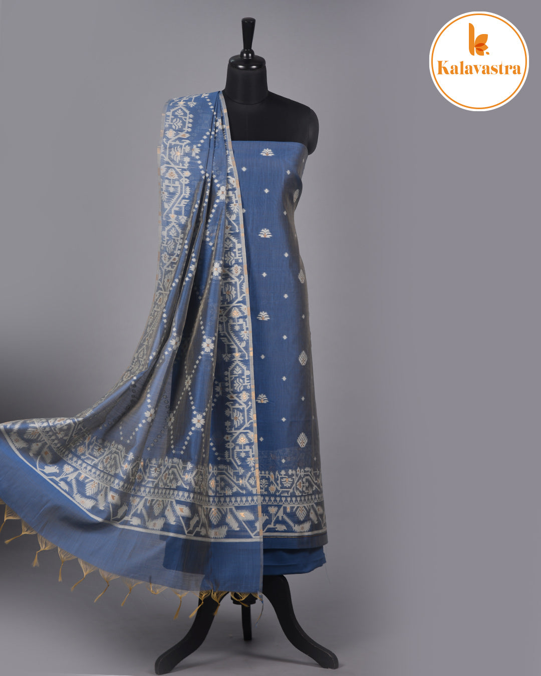 Blue With Cream-Chanderi-Jamdani Woven-Unstitched Suit Fabric With Chanderi Jamdani Woven Dupatta