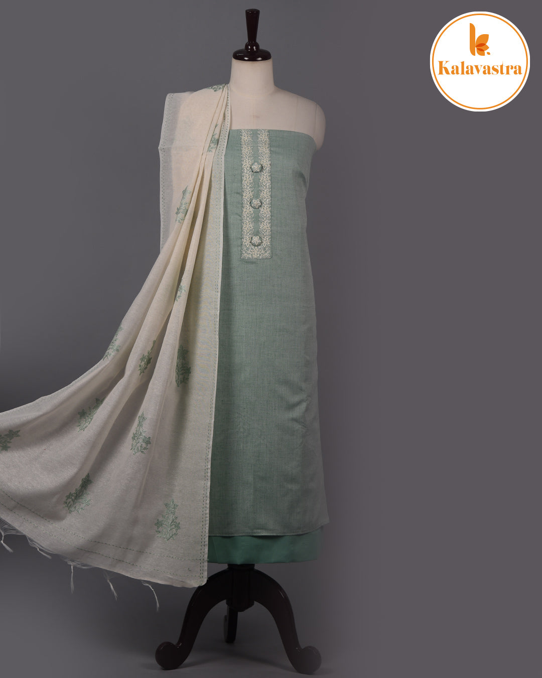 Light Green - Cotton Slub - Embroidered Unstitched Suit Fabric With Cotton Embroidered Dupatta