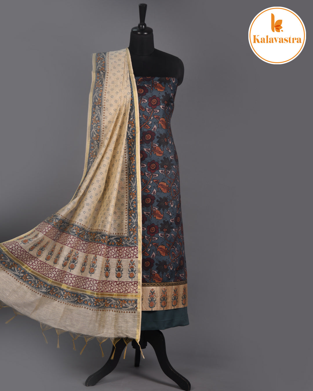 Carbon Blue - Modal Cotton Blend - Printed - Unstitched Suit Fabric With Cotton Block Printed Dupatta