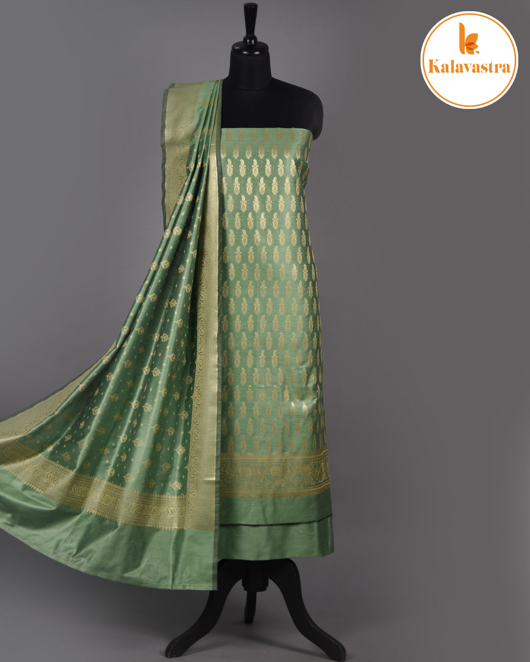 Light Green - Chanderi Silk Blend - Banarasi Woven - Unstitched Suit Fabric With Chanderi Banarasi Dupatta