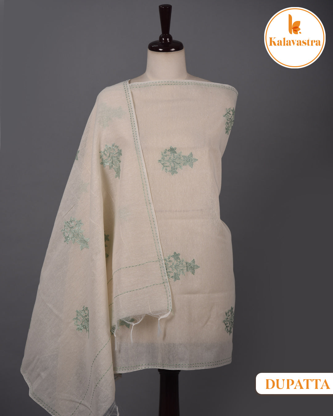 Light Green - Cotton Slub - Embroidered Unstitched Suit Fabric With Cotton Embroidered Dupatta