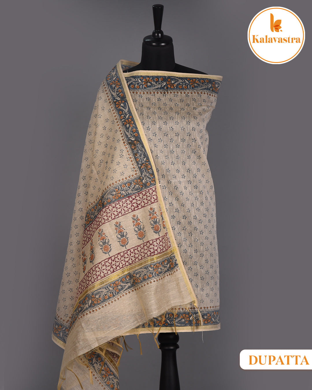 Carbon Blue - Modal Cotton Blend - Printed - Unstitched Suit Fabric With Cotton Block Printed Dupatta