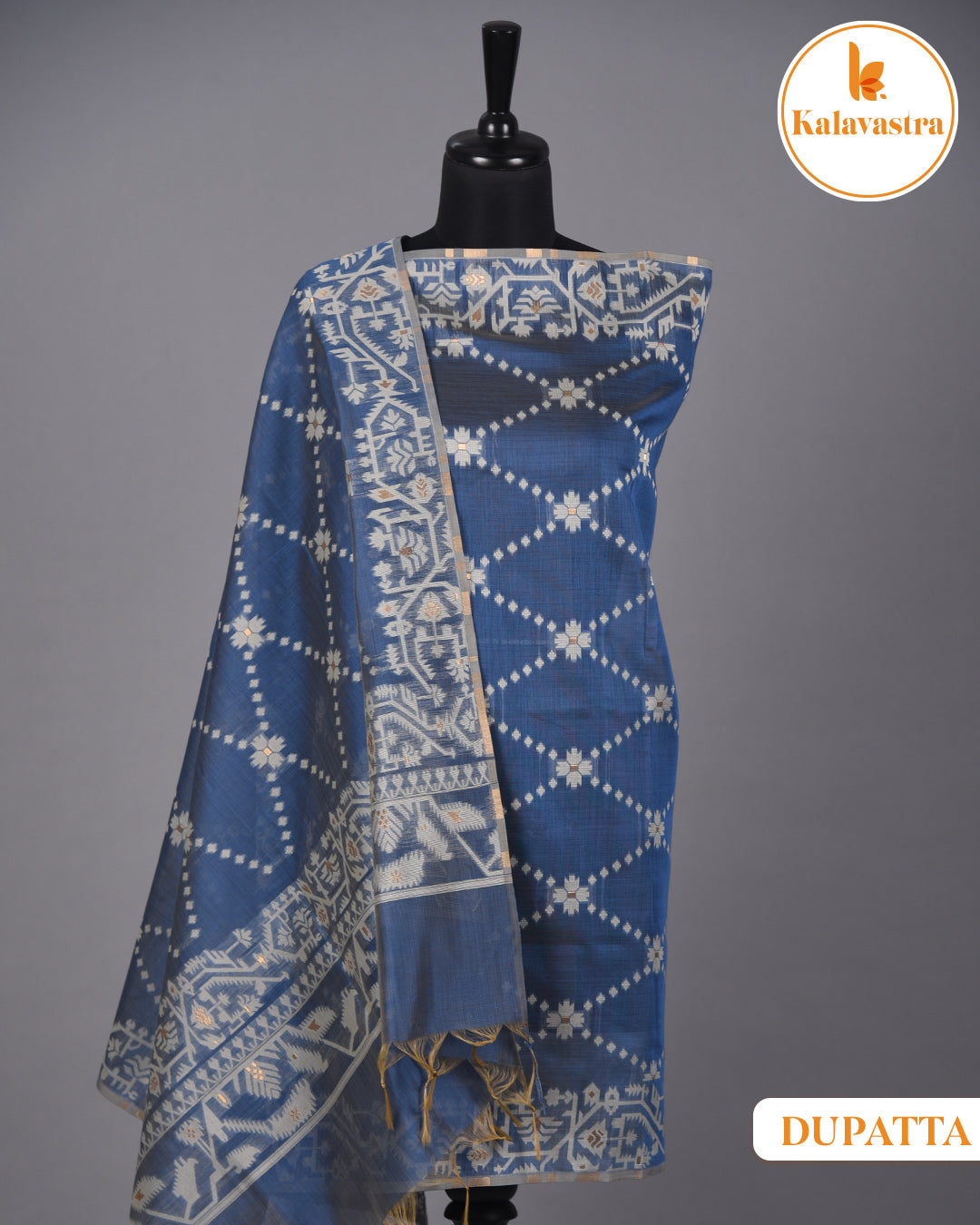 Blue With Cream-Chanderi-Jamdani Woven-Unstitched Suit Fabric With Chanderi Jamdani Woven Dupatta