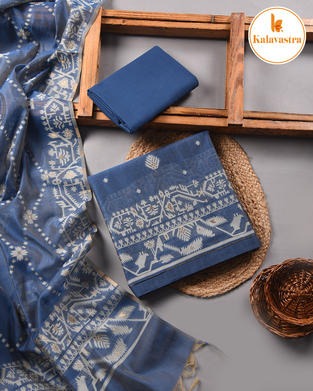 Blue With Cream-Chanderi-Jamdani Woven-Unstitched Suit Fabric With Chanderi Jamdani Woven Dupatta