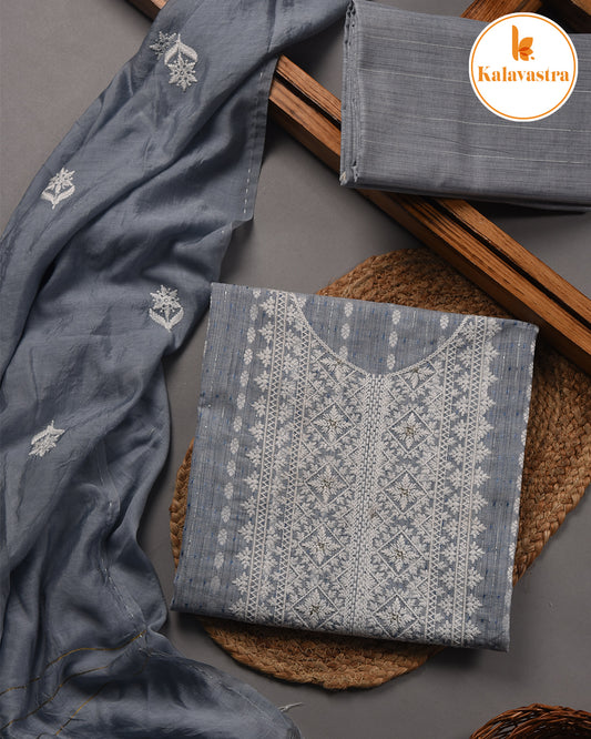 Grayish Blue- Cotton Slub - Woven With Embroidery - Unstitched Suit Fabric With Muslin Embroidered Dupatta