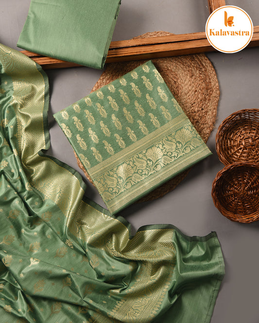 Light Green - Chanderi Silk Blend - Banarasi Woven - Unstitched Suit Fabric With Chanderi Banarasi Dupatta