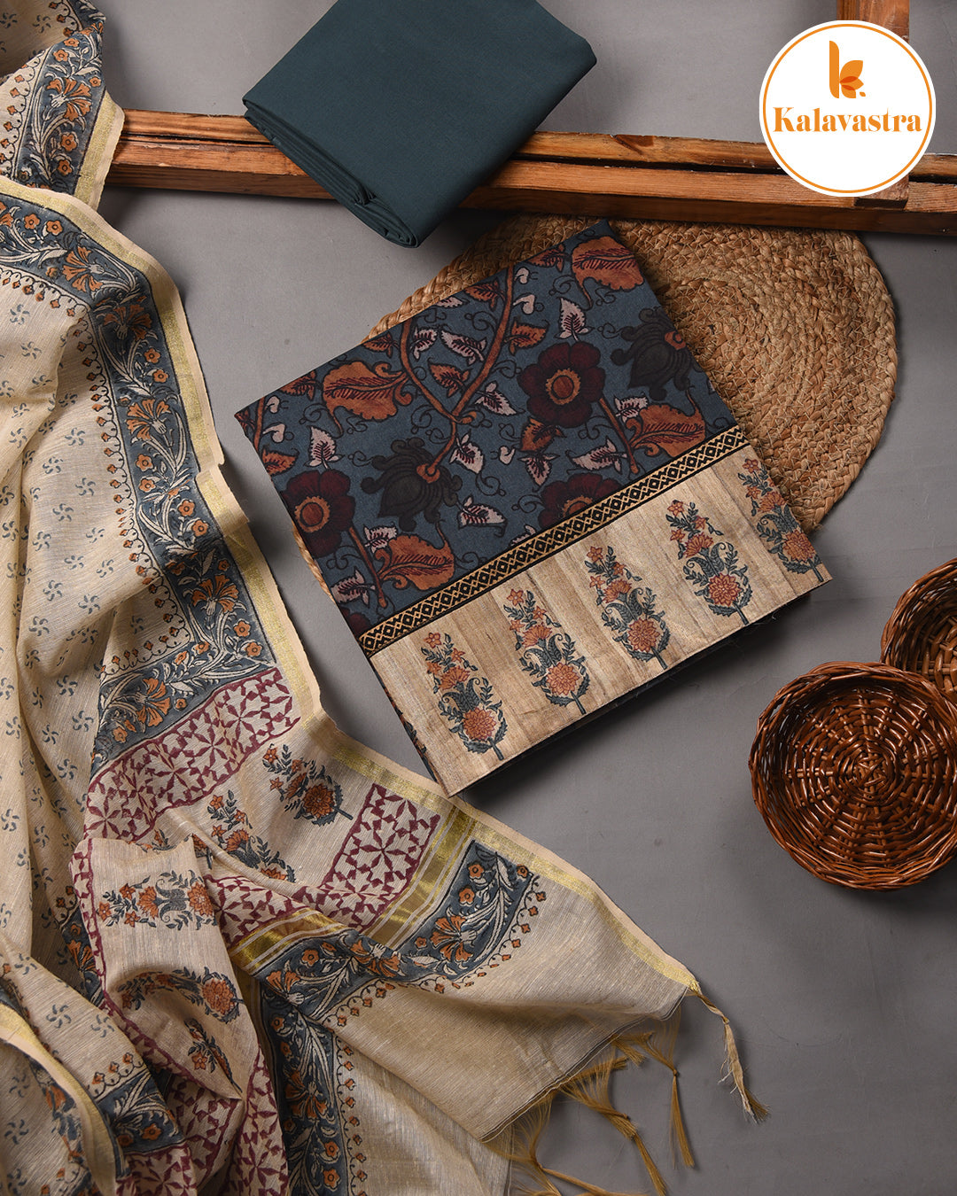 Carbon Blue - Modal Cotton Blend - Printed - Unstitched Suit Fabric With Cotton Block Printed Dupatta