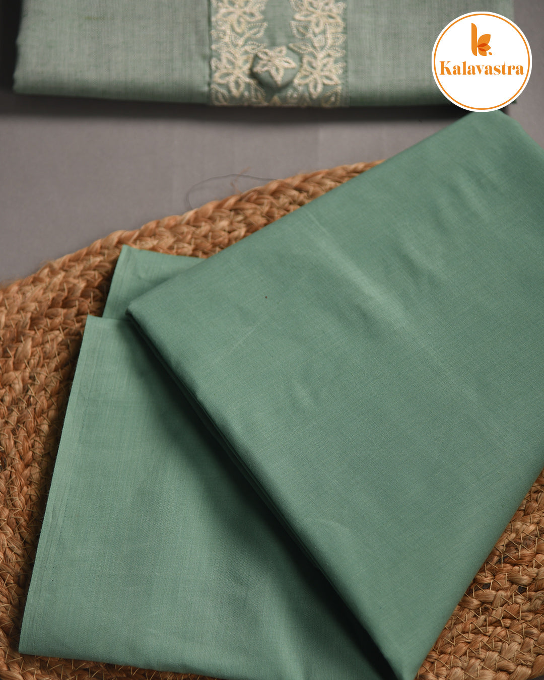 Light Green - Cotton Slub - Embroidered Unstitched Suit Fabric With Cotton Embroidered Dupatta