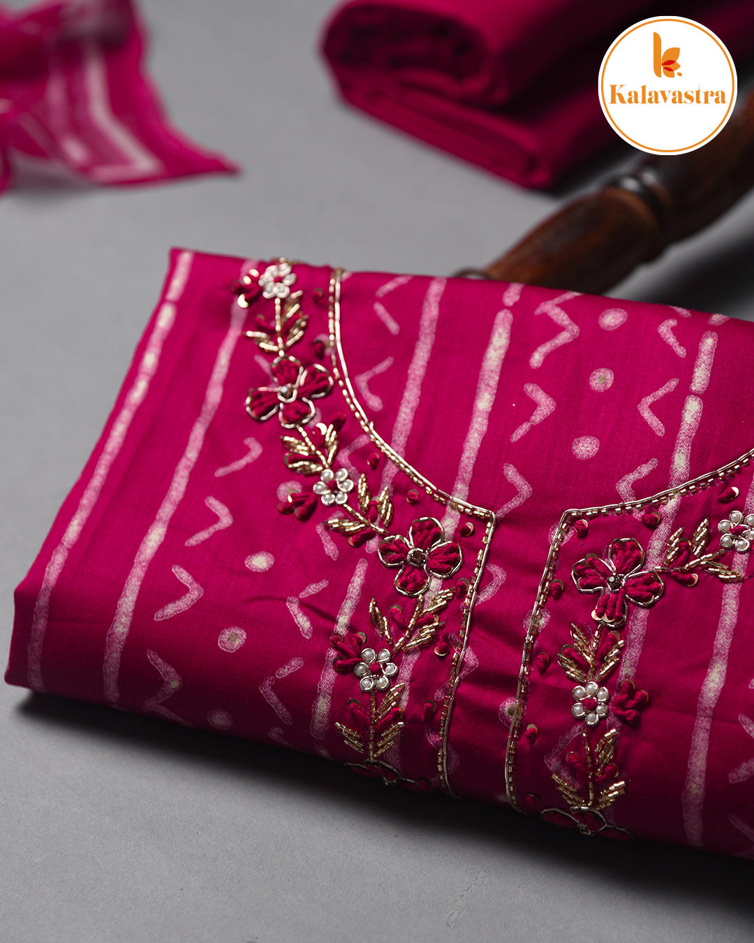 Pink - Cotton Glazed - Printed With Embroidery - Unstitched Suit Fabric With Chiffon Dupatta