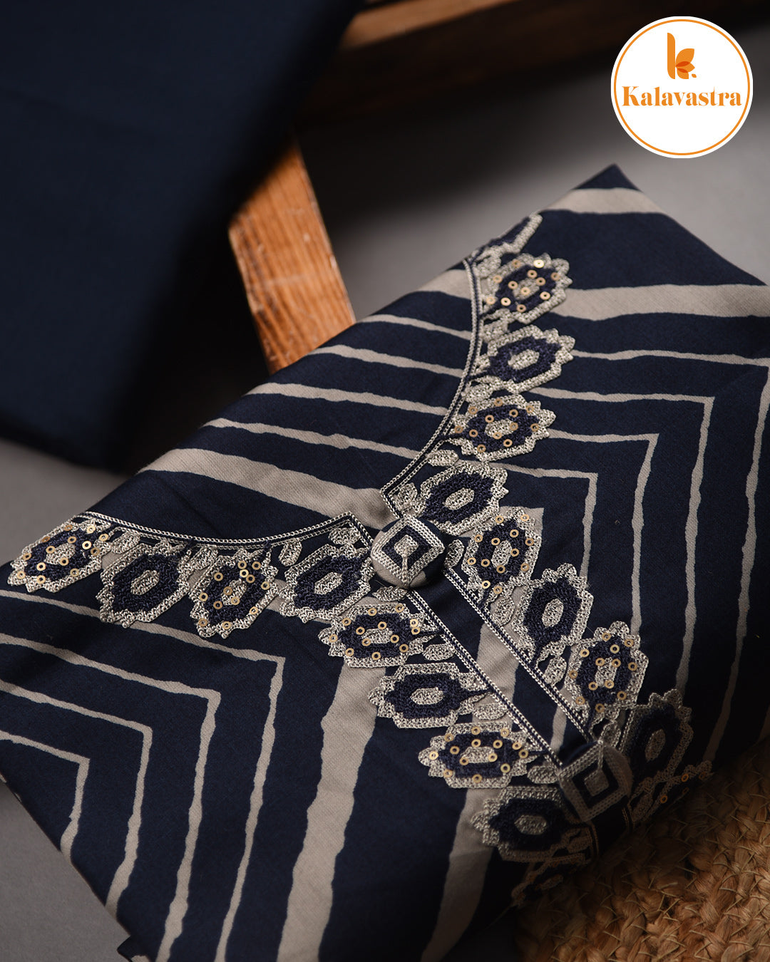 Blue - Cotton Glazed - Printed With Embroidery - Unstitched Suit Fabric With Kota Embroidered Dupatta