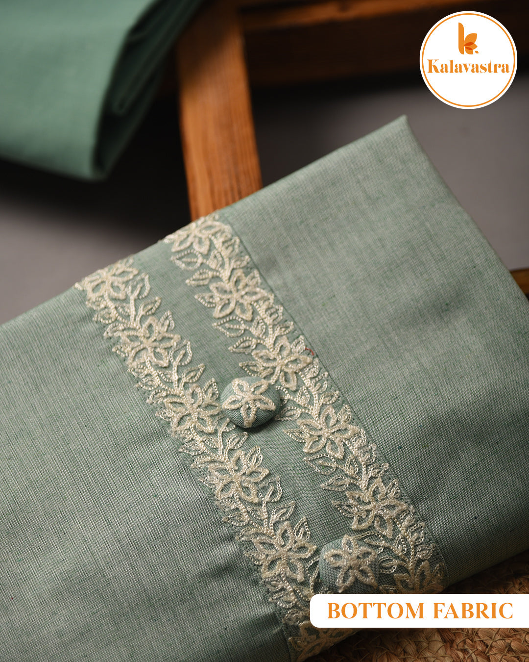 Light Green - Cotton Slub - Embroidered Unstitched Suit Fabric With Cotton Embroidered Dupatta