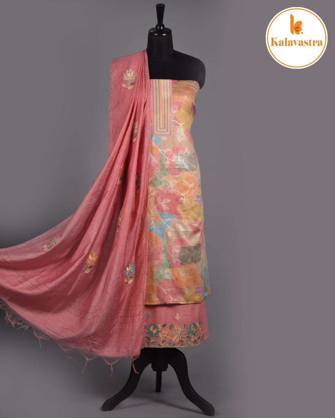 Pink - Cotton Glazed - Printed With Embroidery - Unstitched Suit Fabric With Chanderi Embroidered Dupatta