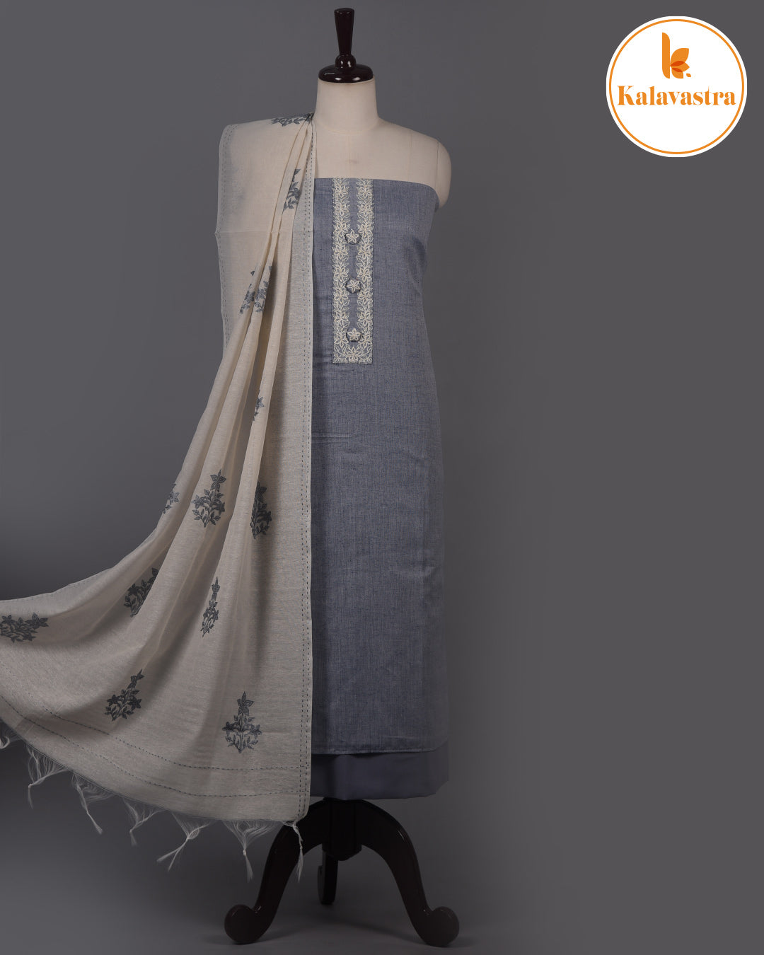 Grayish Blue - Cotton Slub - Embroidered Unstitched Suit Fabric With Cotton Embroidered Dupatta