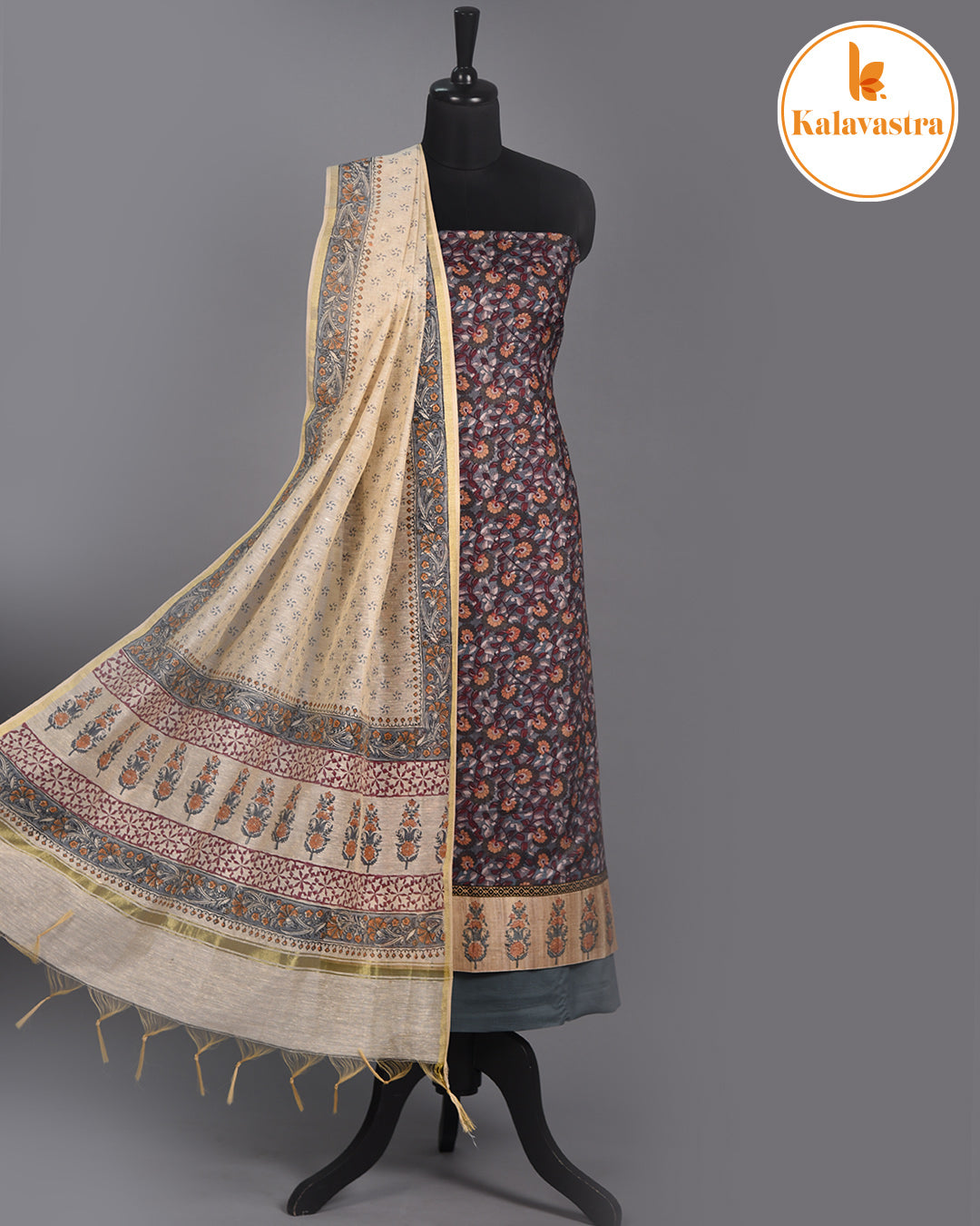 Gray - Modal Cotton Blend - Printed - Unstitched Suit Fabric With Cotton Block Printed Dupatta