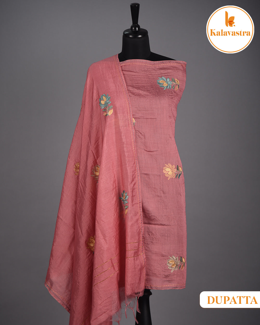 Pink - Cotton Glazed - Printed With Embroidery - Unstitched Suit Fabric With Chanderi Embroidered Dupatta