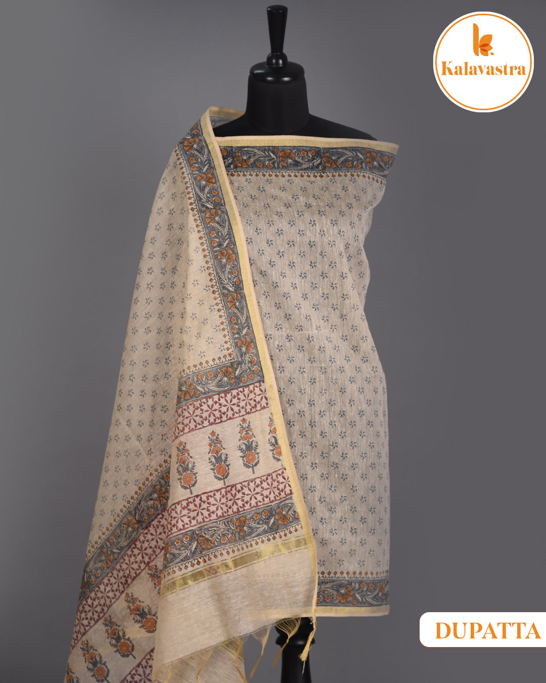 Gray - Modal Cotton Blend - Printed - Unstitched Suit Fabric With Cotton Block Printed Dupatta