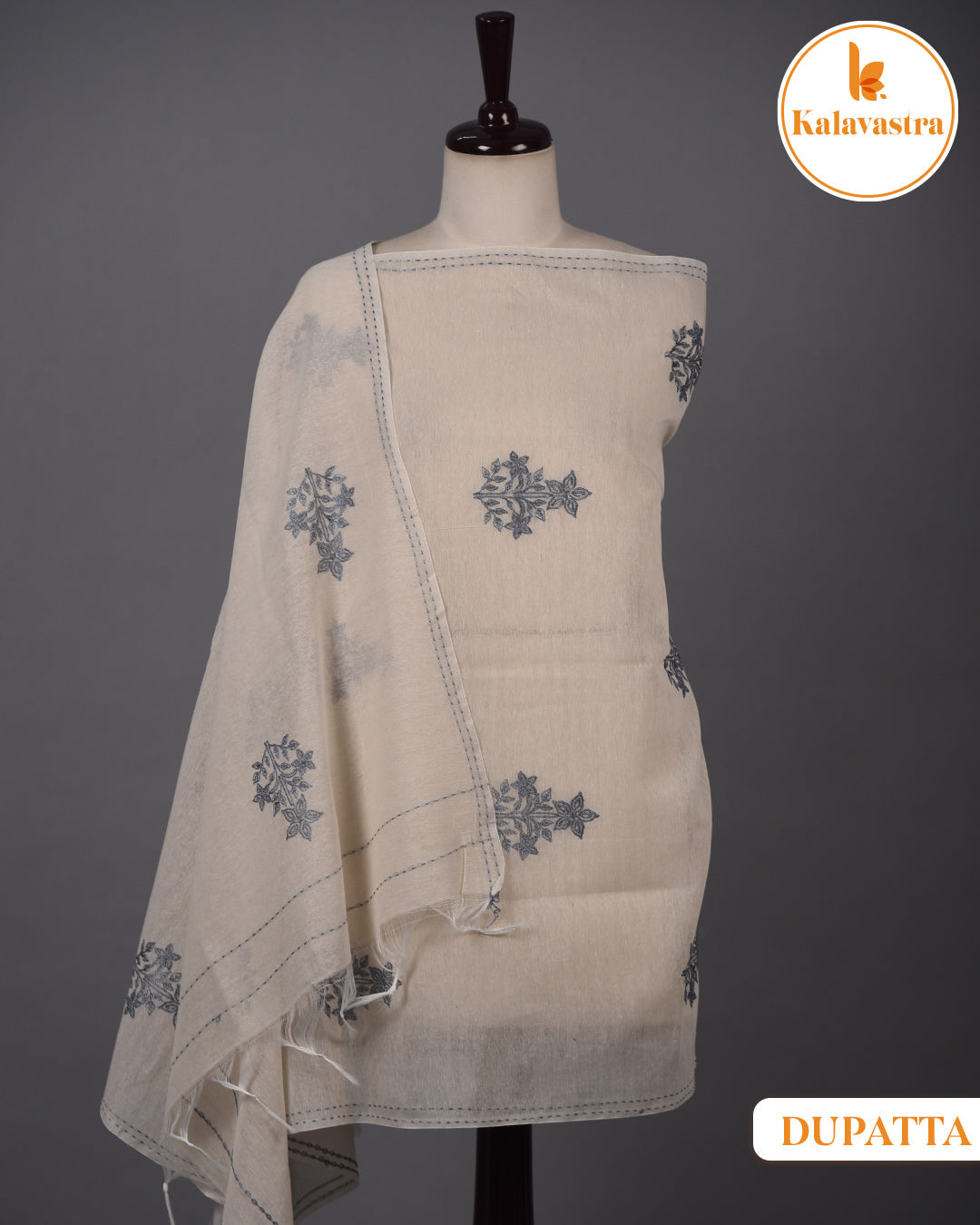 Grayish Blue - Cotton Slub - Embroidered Unstitched Suit Fabric With Cotton Embroidered Dupatta