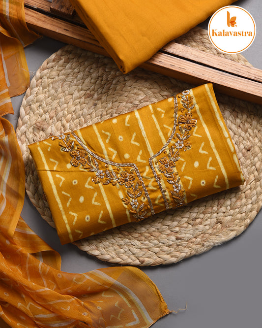 Mustard - Cotton Glazed - Printed With Embroidery - Unstitched Suit Fabric With Chiffon Dupatta