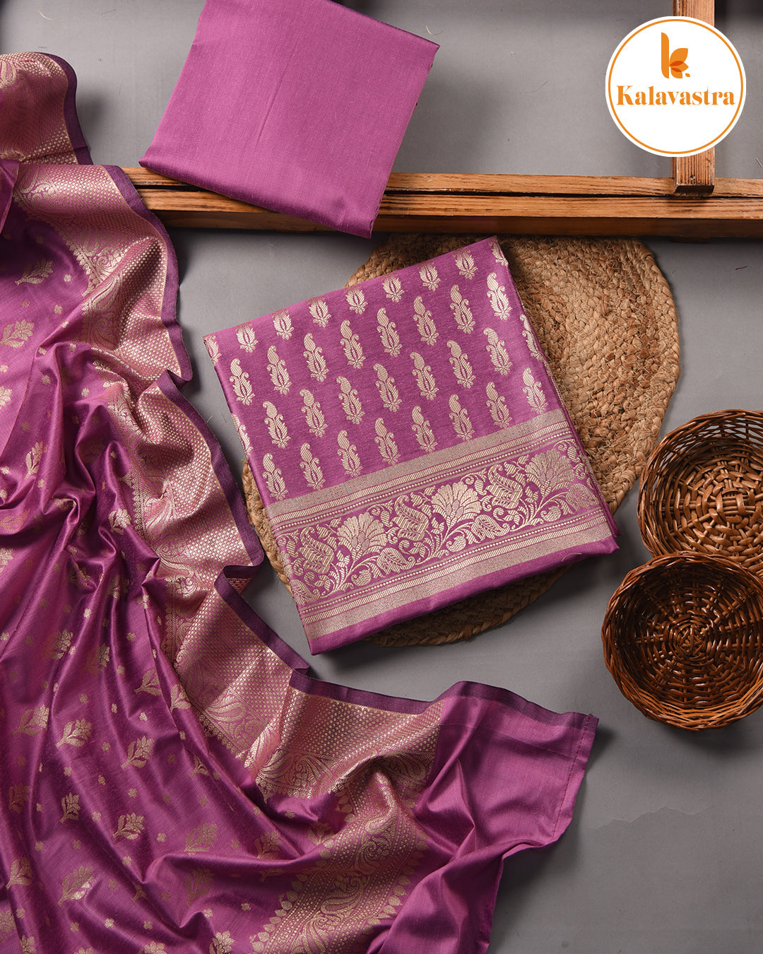 Purple - Chanderi Silk Blend - Banarasi Woven - Unstitched Suit Fabric With Chanderi Banarasi Dupatta