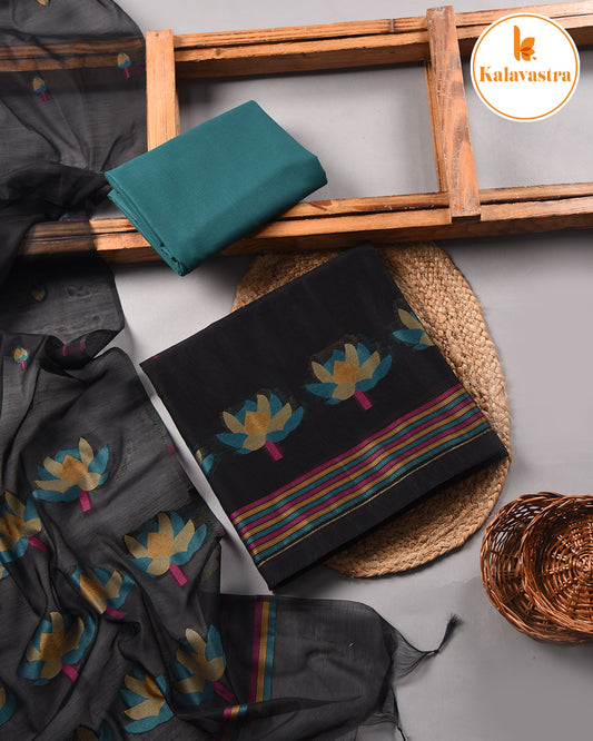 Black With Green-Chanderi-Jamdani Woven-Unstitched Suit Fabric With Chanderi Jamdani Woven Dupatta