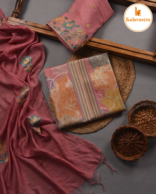 Pink - Cotton Glazed - Printed With Embroidery - Unstitched Suit Fabric With Chanderi Embroidered Dupatta