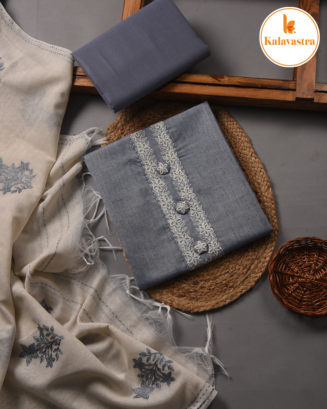 Grayish Blue - Cotton Slub - Embroidered Unstitched Suit Fabric With Cotton Embroidered Dupatta