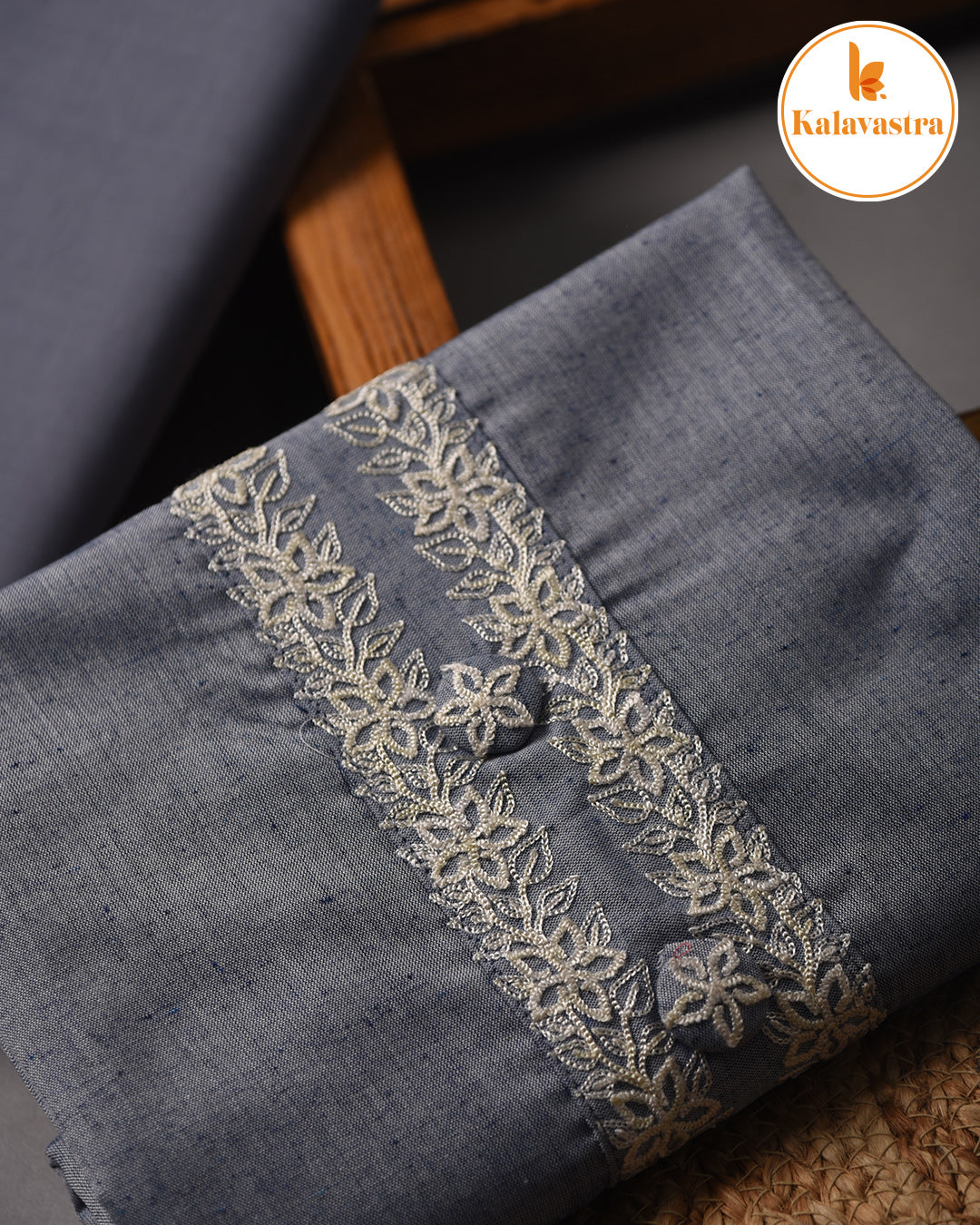 Grayish Blue - Cotton Slub - Embroidered Unstitched Suit Fabric With Cotton Embroidered Dupatta