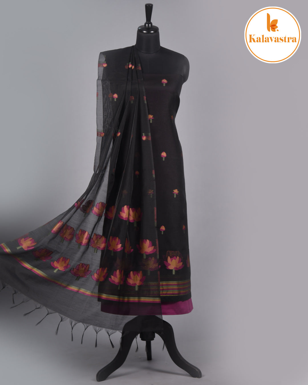 Black With Purple-Chanderi-Jamdani Woven-Unstitched Suit Fabric With Chanderi Jamdani Woven Dupatta