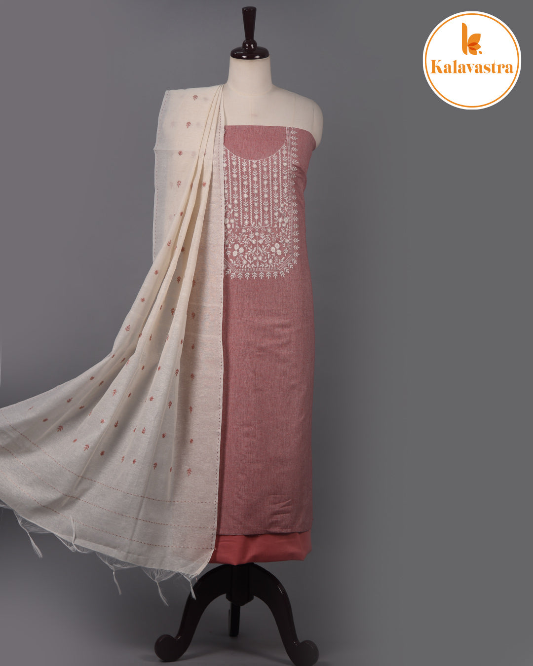 Onion Pink- Cotton Slub - Embroidered Unstitched Suit Fabric With Cotton Embroidered Dupatta