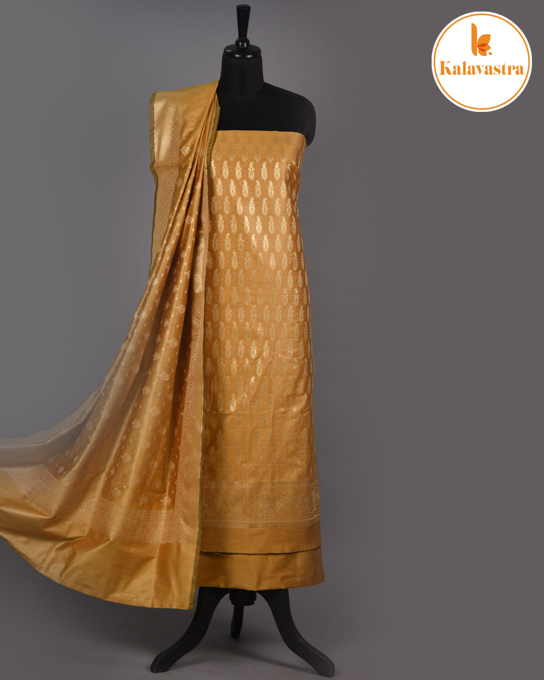 Gold- Chanderi Silk Blend - Banarasi Woven - Unstitched Suit Fabric With Chanderi Banarasi Dupatta