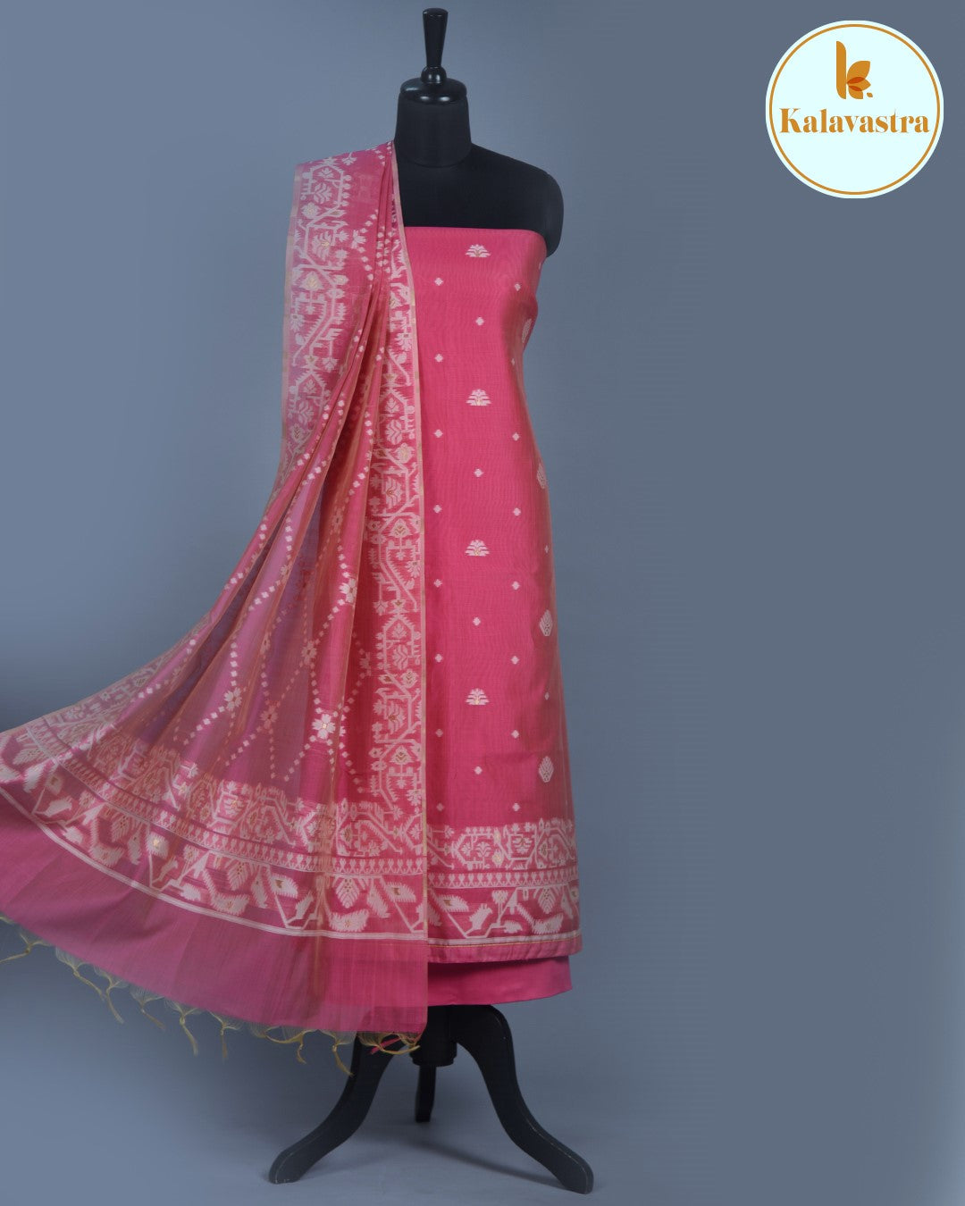 Pink - Chanderi - Jamdani Woven - Unstitched Suit Fabric With Chanderi Dupatta