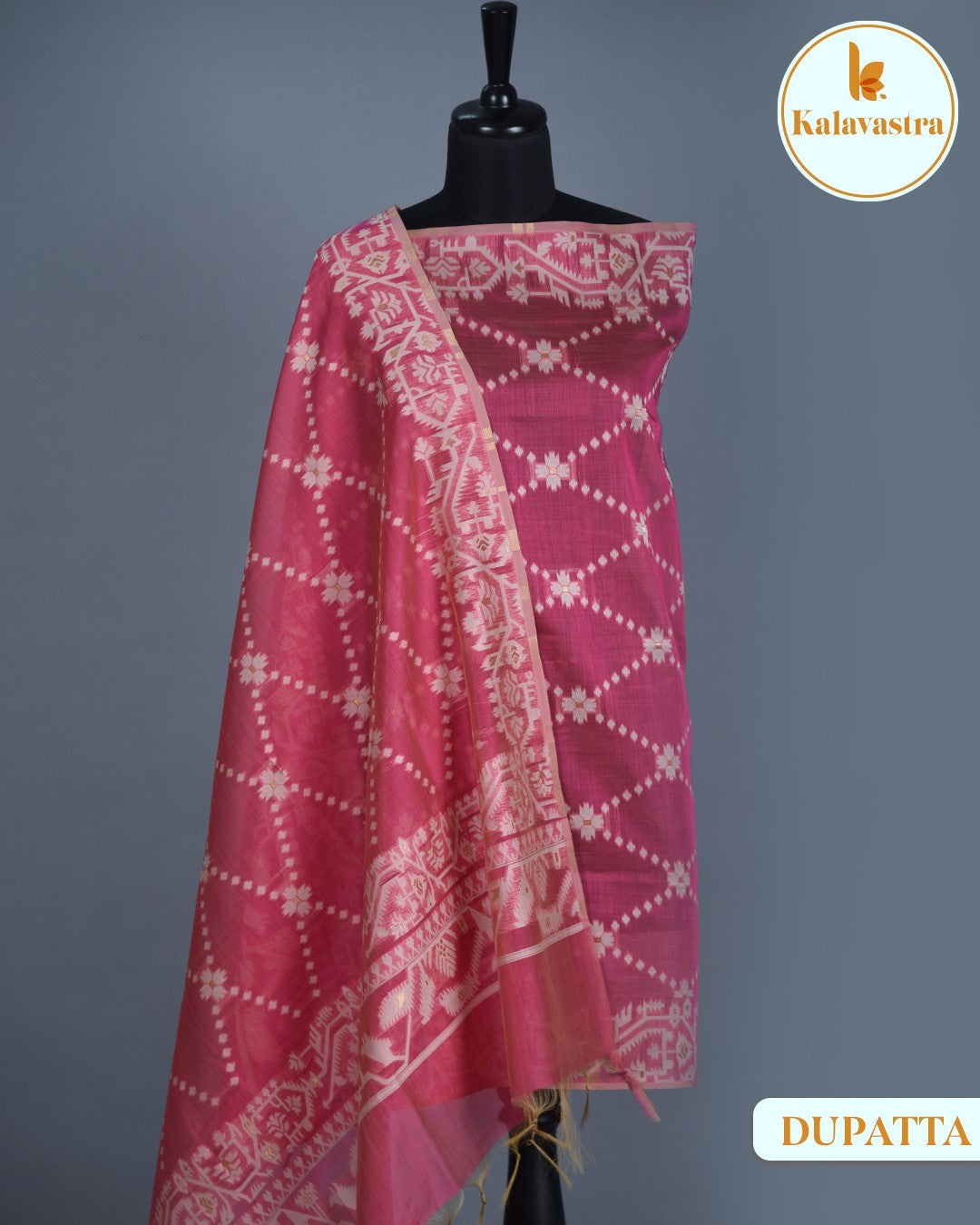 Pink - Chanderi - Jamdani Woven - Unstitched Suit Fabric With Chanderi Dupatta