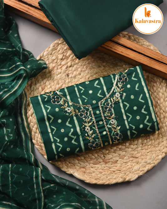 Green - Cotton Glazed - Printed With Embroidery - Unstitched Suit Fabric With Chiffon Dupatta