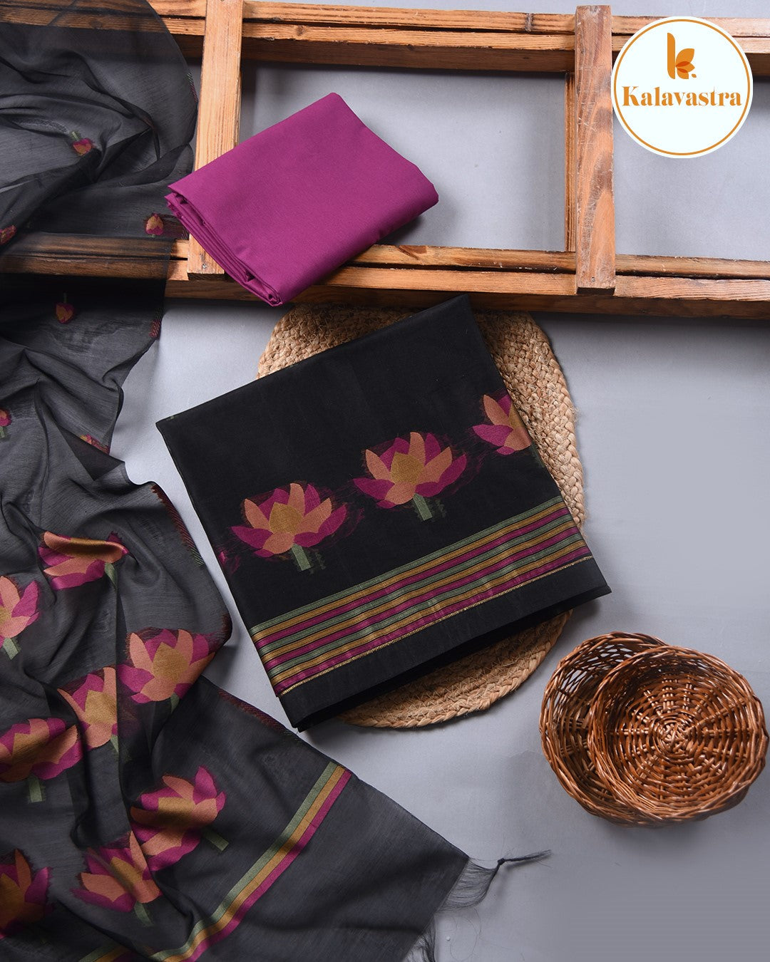 Black With Purple-Chanderi-Jamdani Woven-Unstitched Suit Fabric With Chanderi Jamdani Woven Dupatta