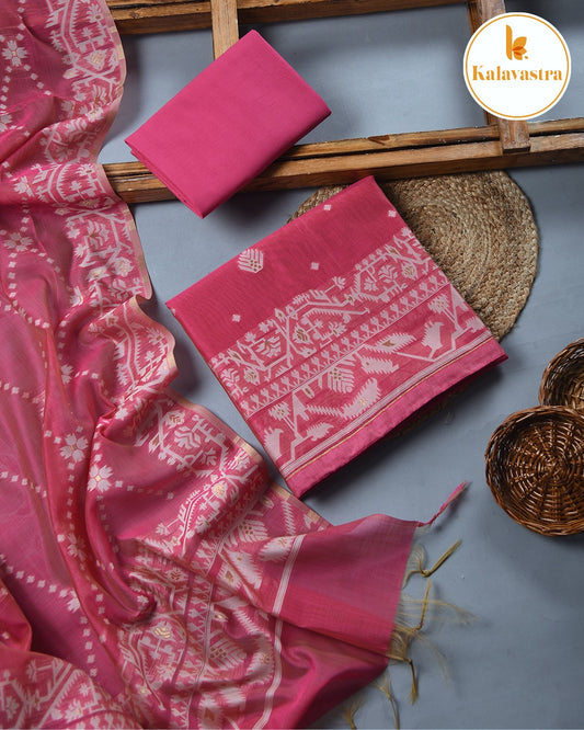 Pink - Chanderi - Jamdani Woven - Unstitched Suit Fabric With Chanderi Dupatta