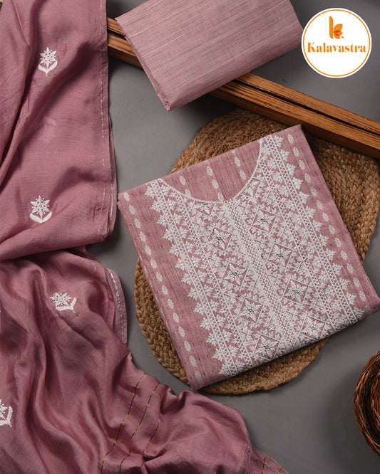 Pretty Pink- Cotton Slub - Woven With Embroidery - Unstitched Suit Fabric With Muslin Embroidered Dupatta