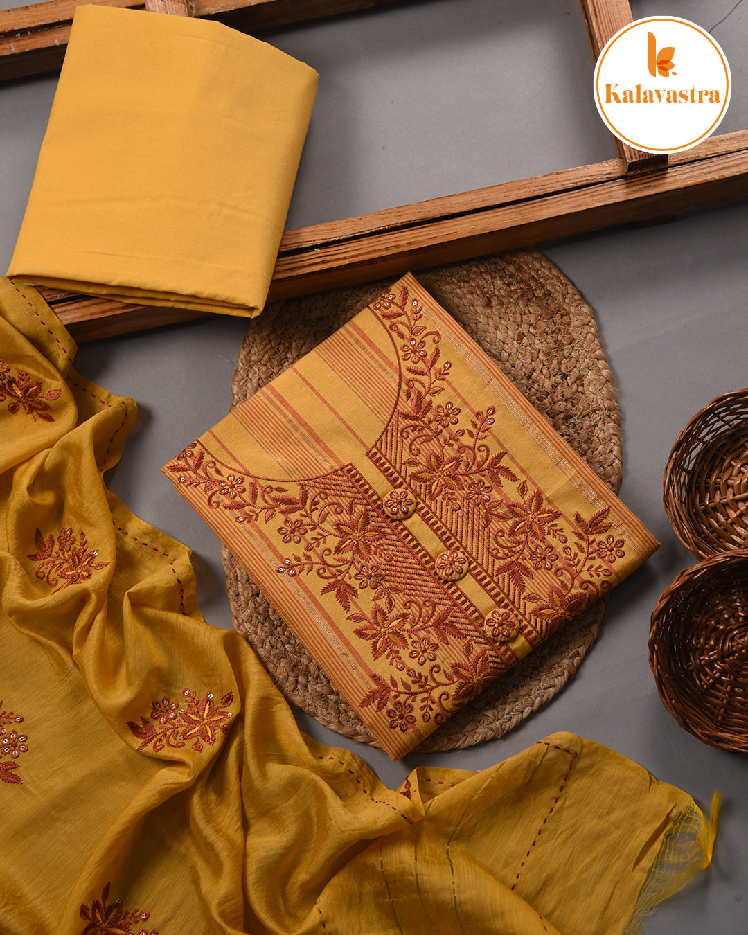 Mustard - Cotton - Woven With Embroidery - Unstitched Suit Fabric With Chanderi Embroidered Dupatta